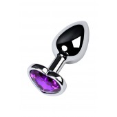Серебристая коническая анальная пробка с фиолетовым кристаллом-сердечком - 7 см. - ToyFa - купить с доставкой в Ессентуках