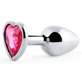 Серебристая анальная пробка с малиновым кристаллом-сердечком - 7 см. - Anal Jewelry Plug - купить с доставкой в Ессентуках