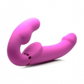 Розовый безремневой страпон с вибрацией и функцией расширения Inflatable Ergo-Fit Strapless Strap-On - XR Brands - купить с доставкой в Ессентуках