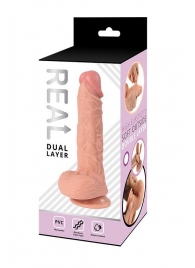 Телесный фаллоимитатор-реалистик REAL Dual Layer с мошонкой на присоске - 23 см. - Real