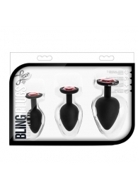 Набор черных анальных пробок с красным кристаллом-сердечком Bling Plugs Training Kit - Blush Novelties - купить с доставкой в Ессентуках