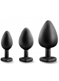 Набор из 3 черных пробок с прозрачным кристаллом-сердечком Bling Plugs Training Kit - Blush Novelties - купить с доставкой в Ессентуках