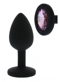 Черная гладкая анальная пробка с розовым кристаллом - 7 см. - Dream Toys