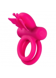 Розовое эрекционное виброкольцо Silicone Rechargeable Dual Butterfly Ring - California Exotic Novelties - в Ессентуках купить с доставкой