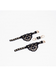 Черные кожаные наручники с клепками, кольцами и золотистой фурнитурой - Crazy Handmade - купить с доставкой в Ессентуках