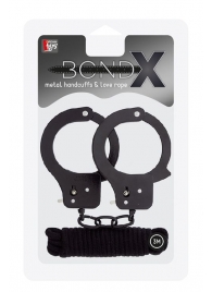 Чёрные наручники из листового металла в комплекте с веревкой BONDX METAL CUFFS LOVE ROPE SET - Dream Toys - купить с доставкой в Ессентуках