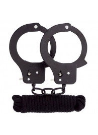 Чёрные наручники из листового металла в комплекте с веревкой BONDX METAL CUFFS LOVE ROPE SET - Dream Toys - купить с доставкой в Ессентуках