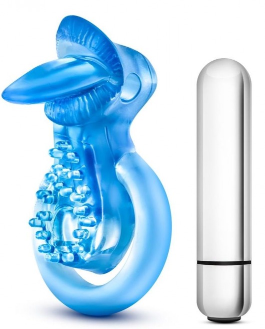 Голубое эрекционное виброкольцо 10 Function Vibrating Tongue Ring - Blush Novelties - в Ессентуках купить с доставкой