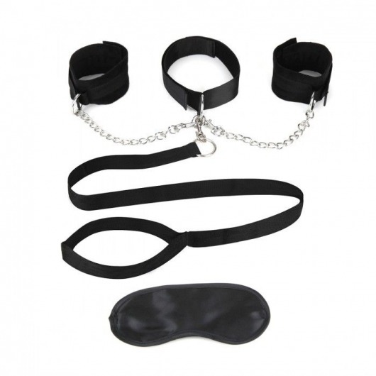 Чёрный ошейник с наручниками и поводком Collar Cuffs   Leash Set - Lux Fetish - купить с доставкой в Ессентуках