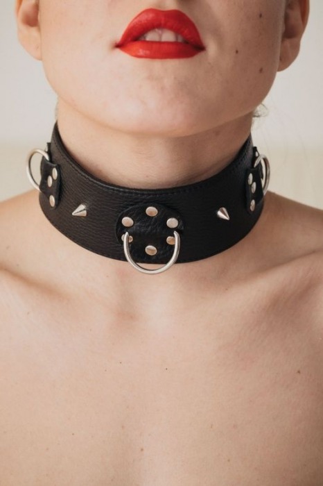 Чёрный кожаный ошейник с кольцами и клёпками - БДСМ Арсенал - купить с доставкой в Ессентуках