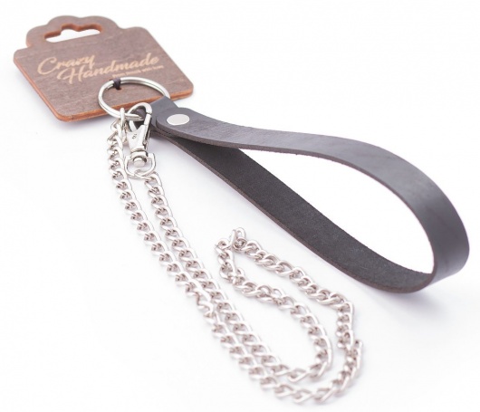 Серебристый металлический поводок с кожаной черной ручкой - 80 см. - Crazy Handmade - купить с доставкой в Ессентуках