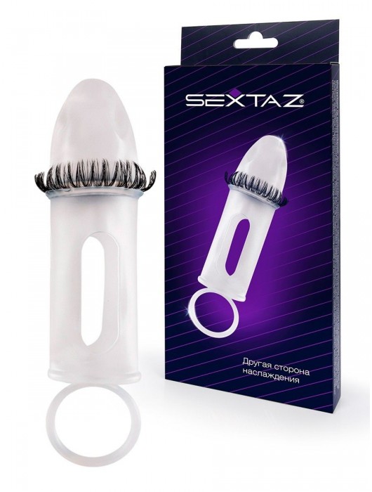 Закрытая насадка на пенис с подхватом мошонки и стимулирующими «ресничками» - Sextaz - в Ессентуках купить с доставкой