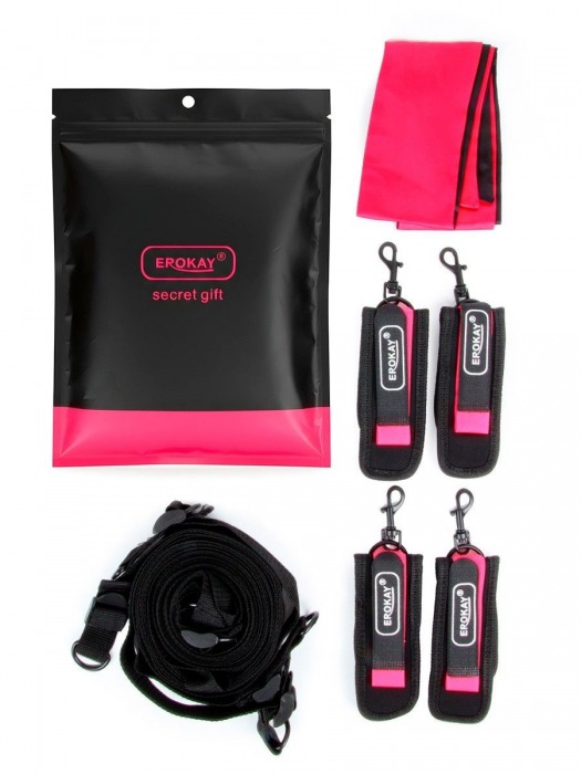 Черно-розовый эротический набор: фиксатор, оковы, наручники, повязка - Erokay - купить с доставкой в Ессентуках