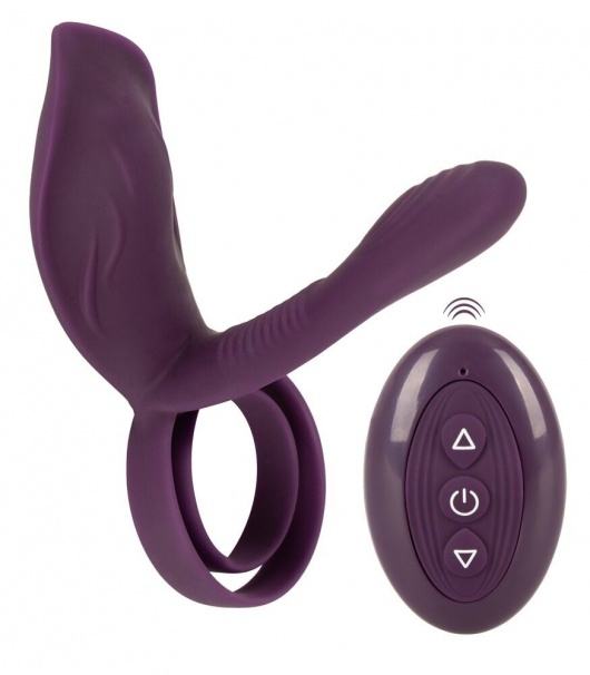 Фиолетовая насадка на член с клиторальным отростком и пультом ДУ RC Couple’s Vibrator 2 - Orion - в Ессентуках купить с доставкой