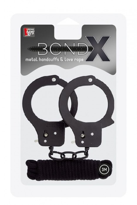 Чёрные наручники из листового металла в комплекте с веревкой BONDX METAL CUFFS LOVE ROPE SET - Dream Toys - купить с доставкой в Ессентуках